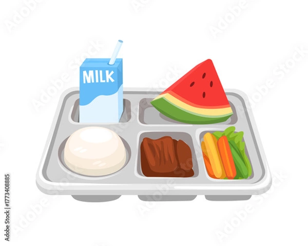 Fototapeta School Meal Tray with Balanced Meals and Milk Cartoon Illustration Vector