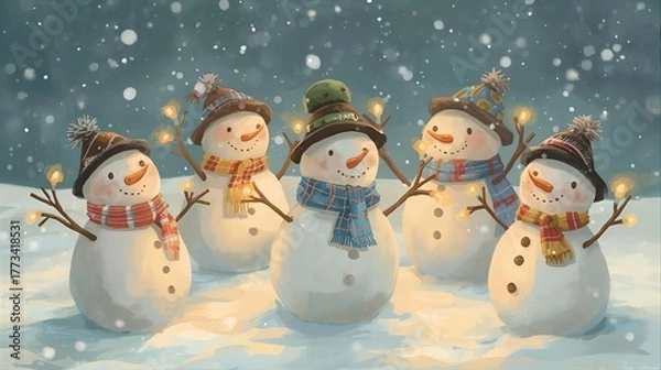 Fototapeta 優しい光を持つ雪だるまと降る雪