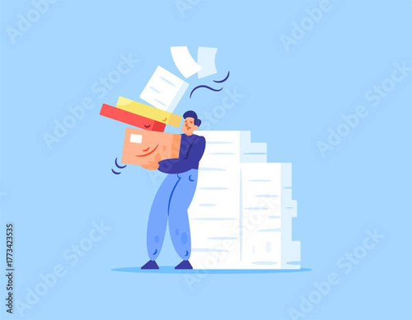 Fototapeta Illustration of a male employee trying to carry and do many tasks. The work is too heavy and too much. The tasks are piling up. The difficulty and burden of work. Flat style design. Blue background.