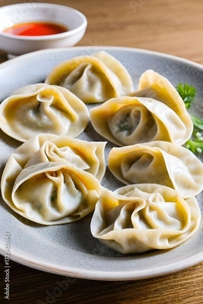 Fototapeta there is a plate of dumplings on a table next to a bowl of dipping sauce