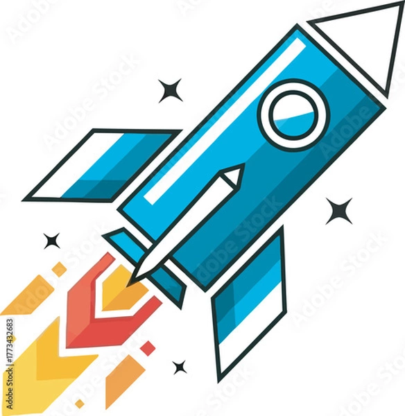 Obraz Dynamic blue rocket blasting off into space with vibrant fiery exhaust and sparkling stars.