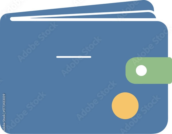 Obraz Simple blue wallet with green clasp and yellow coin symbol, representing finance and security