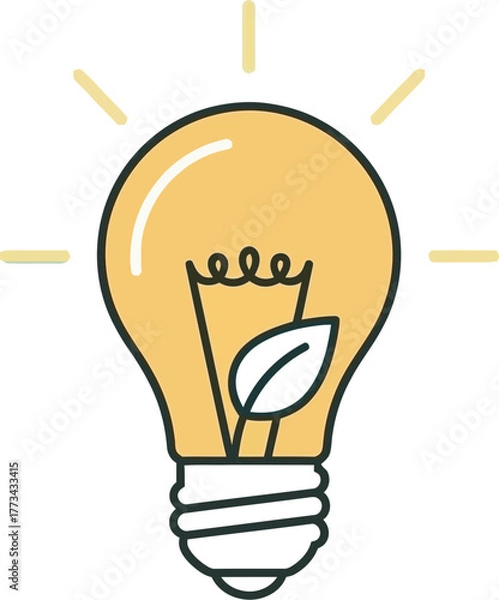 Obraz Bright idea illustration with a glowing lightbulb and a green leaf symbolizing innovation and sustainability.