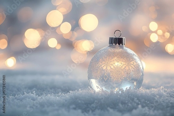 Fototapeta Delicate translucent glass Christmas bauble on snow against a background of soft glowing party lights.