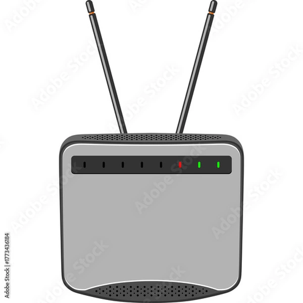 Obraz Gray Wireless Router With Two Antennas And Status Indicator Lights On White Background