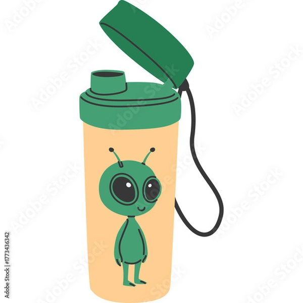 Obraz Green Alien Character on Peach Colored Water Bottle With Open Lid And Strap Isolated On White Background Hand Drawn Style