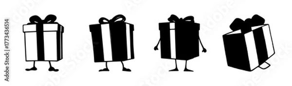 Obraz Anthropomorphic gift boxes with feet, black and white minimalist doodle illustration