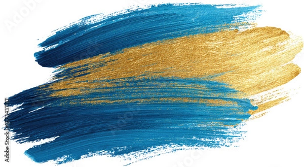 Fototapeta Abstract gold streak across textured blue brushstrokes, paint