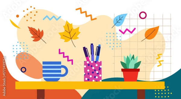 Fototapeta Colorful flat design illustration of an autumn desk scene with a mug, pens, a plant, and falling leaves against an abstract background.