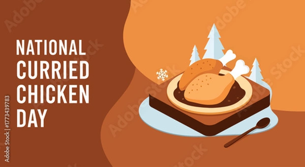 Fototapeta Promotional banner for National Curried Chicken Day featuring a stylized illustration of a chicken curry dish on a plate.