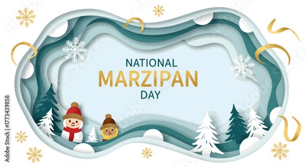 Fototapeta National Marzipan Day banner in a paper-cut style featuring a winter landscape with cute figures, trees, and snowflakes.