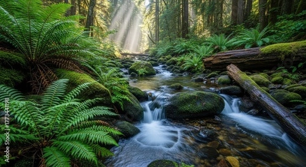 Obraz Sunbeams through trees over stream with ferns and mossy rocks in forest