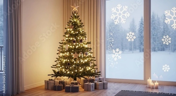 Fototapeta Cozy christmas tree scene with gifts and snow outside the window at home