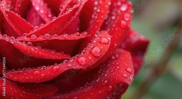 Obraz Close up of a red rose with water droplets on its petals in detail