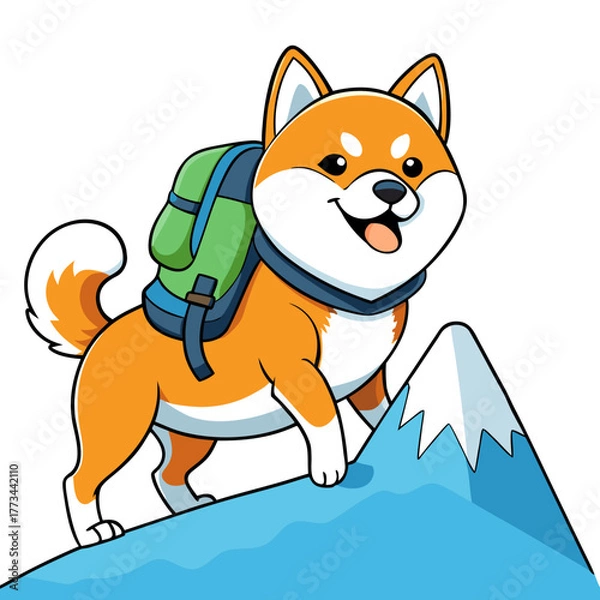 Obraz Happy shiba inu dog climbing a snowy mountain with a backpack
