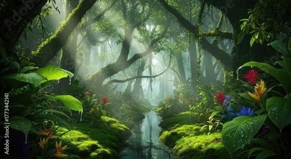 Obraz Lush jungle stream with vibrant flora and sunlit canopy overhead view