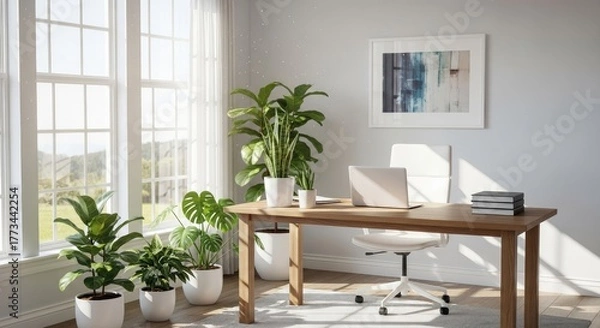 Obraz Bright home office with plants desk and laptop near a large window