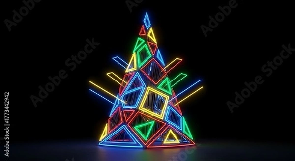 Obraz Illuminated christmas tree with colorful triangles and squares against black background