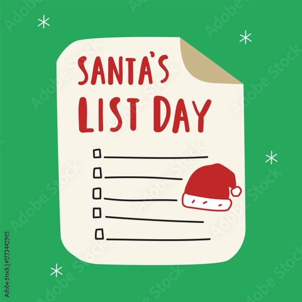 Fototapeta Simple flat vector illustration for Santa's List Day. Minimal design with checklist on green background.
