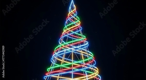 Obraz Illuminated christmas tree with colorful spiral lights against a dark background