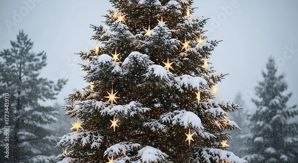 Obraz Snowy christmas tree adorned with star lights in a winter wonderland scene