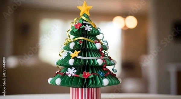 Obraz Festive paper christmas tree with star topper and decorative embellishments