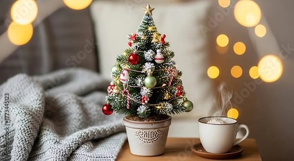Fototapeta Festive christmas tree with ornaments and a cup of coffee on a table