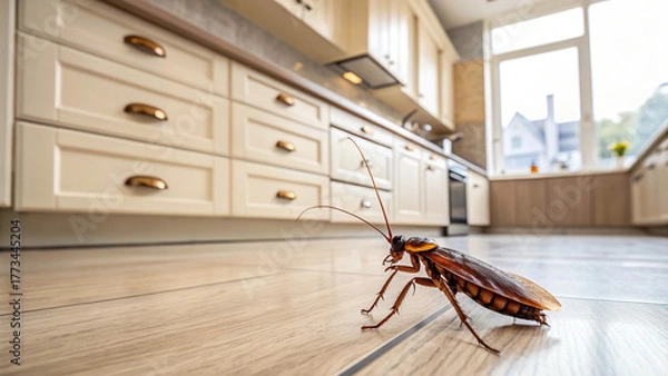 Fototapeta Cockroach infestation in kitchen home pest control roach problem extermination