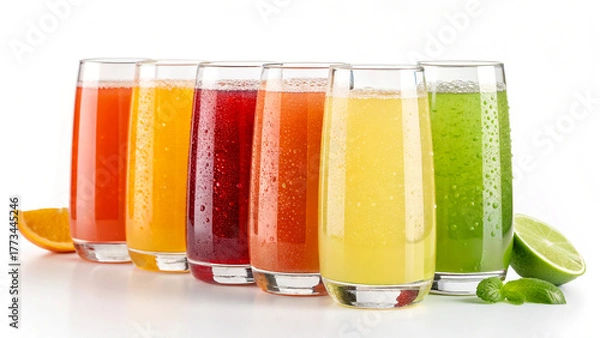 Fototapeta Assorted fresh fruit juice glasses healthy drink beverage colorful vitamin c