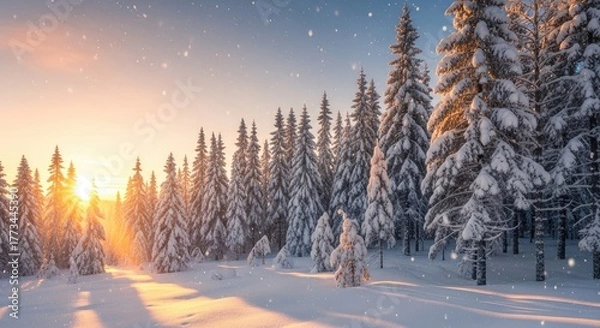 Obraz Snowy forest landscape with sun rays shining through the trees scene