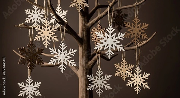 Obraz Christmas tree decorated with snowflake ornaments against a dark background