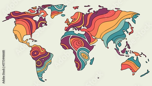 Obraz Psychedelic world map with vibrant colors and swirling patterns design