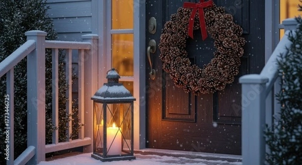 Obraz Winter scene with lantern and wreath on front door covered in snow