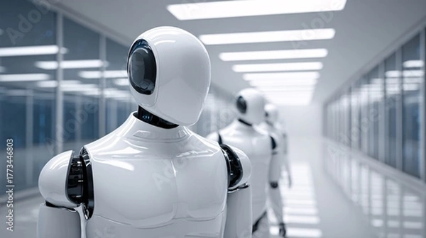 Fototapeta Robot police guarding data servers, cybersecurity metaphor,