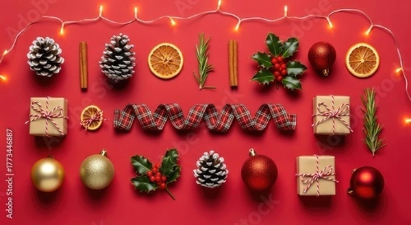 Obraz Christmas flat lay on red background with lights and holiday objects