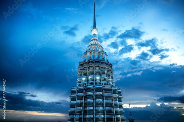 Fototapeta View of the top of one of the Petronas Towers taken just after sunset