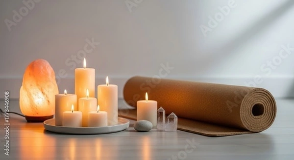 Obraz Still life with candles, salt lamp, crystals, and a rolled yoga mat