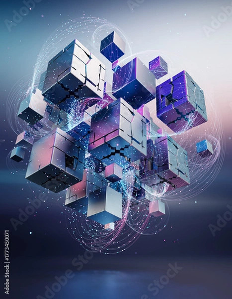 Obraz floating ai cubes linked by glowing particles