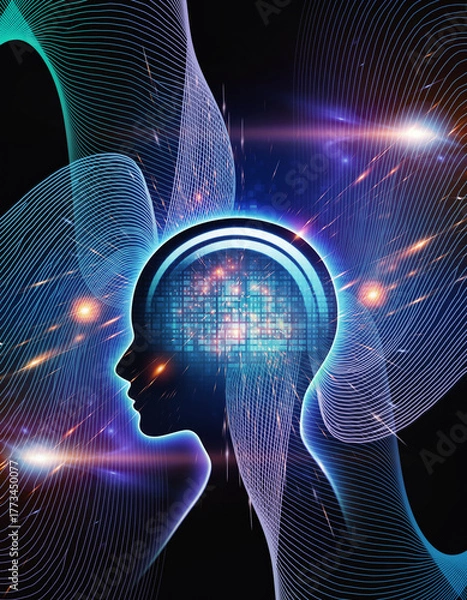 Obraz glowing tech waves shaping futuristic head silhouette