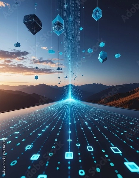 Obraz virtual data stream filled with floating shapes