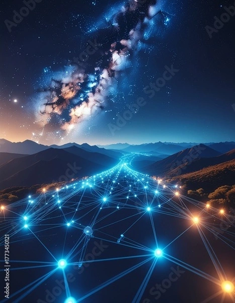 Obraz cyber network with luminous nodes and linking lines