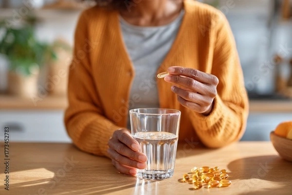 Fototapeta Daily vitamin routine with a glass of water on the kitchen table Generative AI