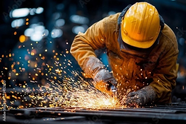 Fototapeta Welding in action at a construction site during the day with flying sparks Generative AI