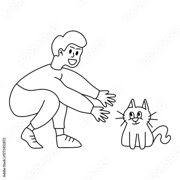 Fototapeta A Guy Hugging His Cat, Heartwarming Illustration outline style