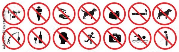 Fototapeta No entry prohibition signs set for public spaces vector illustration, No symbol vector icons collection for rules, Safety prohibition sign bundle with no entry icons,  vector icons​