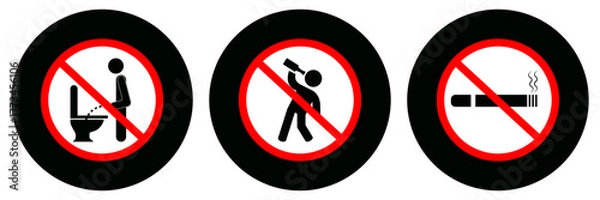 Fototapeta no urinating, drinking or smoking prohibited vector sign illustration, No drinking no smoking vector icon set, No urinating alcohol smoking forbidden icons, No entry action restriction icons vector