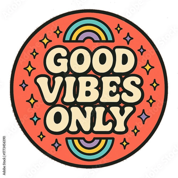Fototapeta Good Vibes Only Retro Badge Illustration with Rainbow and Sparkles on Coral Background