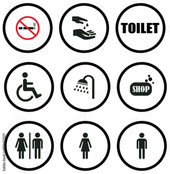 Fototapeta Public restroom icons set for signage and facility design, restroom and amenities icon set for public places, restroom icons set for signage and accessibility
