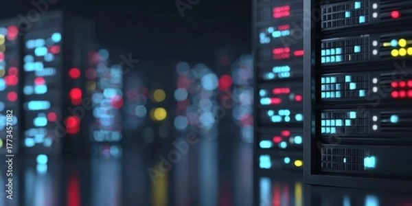 Fototapeta A cyberpunk data hub showing information streams connecting APIs, symbolizing cognitive collaboration and strict compliance between vast database grids