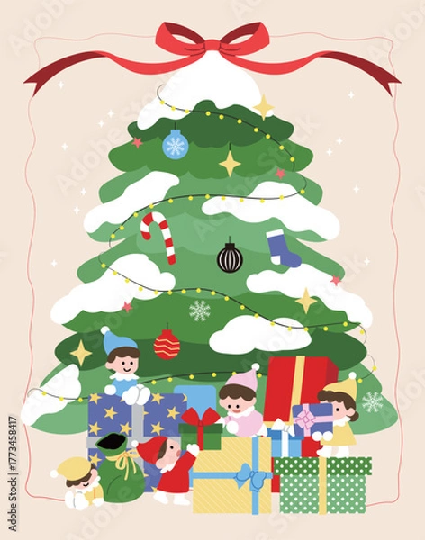 Fototapeta 크리스마스 트리와 선물, 크리스마스 요정들